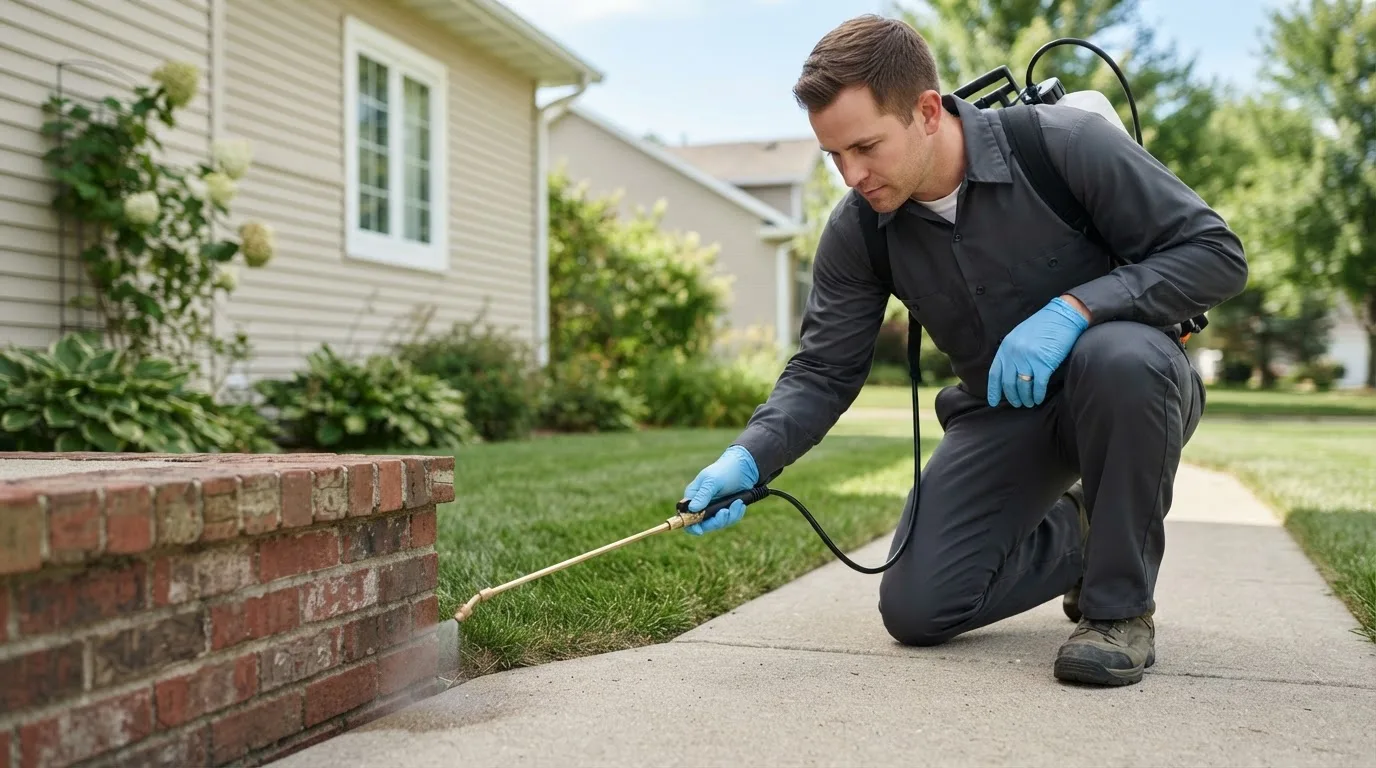 Pest control technician treating a home near Lamy, NM
